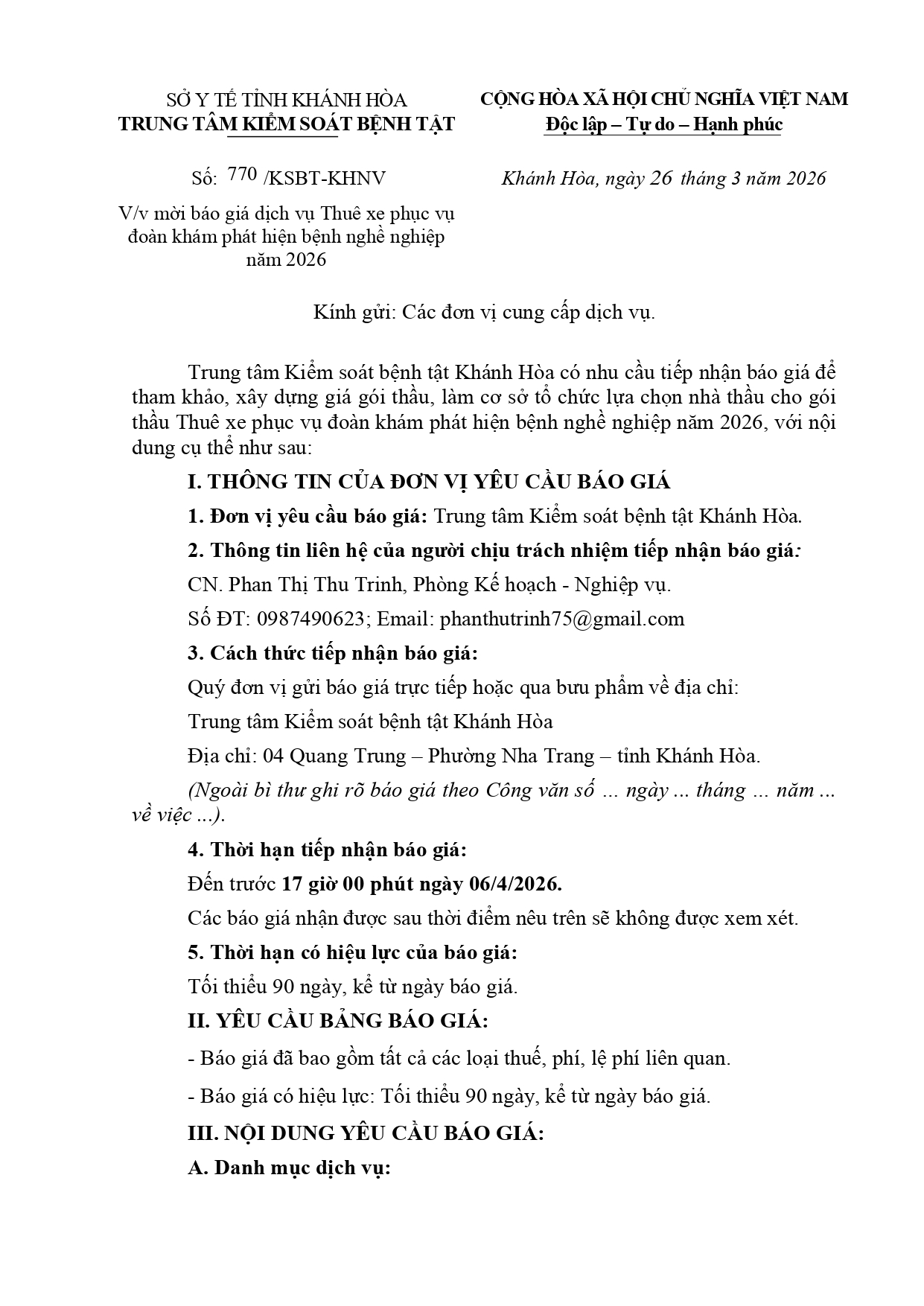 V/v mời báo giá dịch vụ Thuê xe phục vụ đoàn khám phát hiện bệnh nghề nghiệp năm 2026